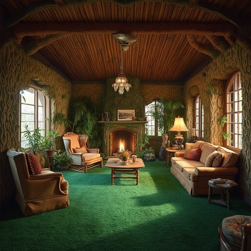 Interior view of Elvis' iconic Jungle Room with green shag carpet, wooden furniture, Hawaiian-inspired decor, and warm lighting