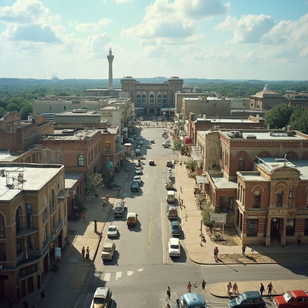 Panoramic view of the Elvis Presley Memphis Complex with vintage cars, exhibits, memorabilia, and visitors under a clear sky