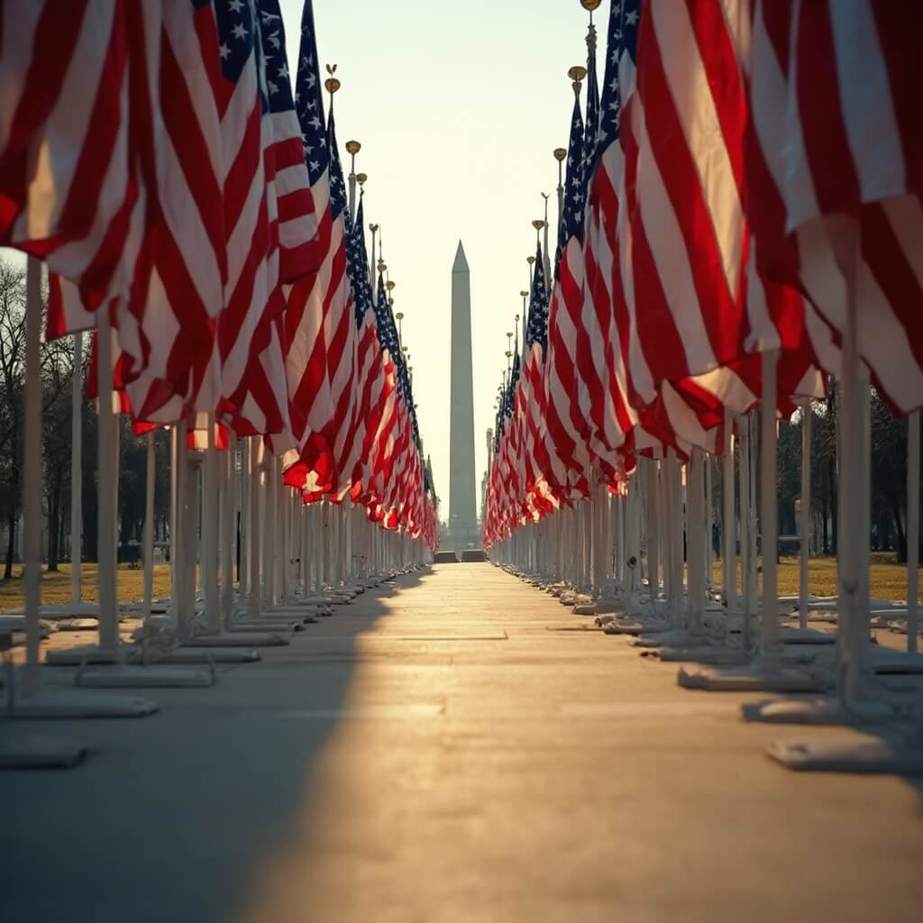 Avenue of Flags at ground-level with various national flags, long shadows and depth created by soft natural lighting