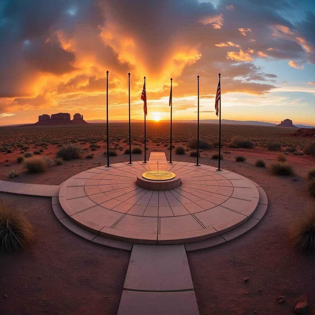 Panoramic view of Four Corners Monument plaza with its bronze marker at sunset, surrounded by desert vegetation and flagpoles, with distant mesas silhouetted against the sky