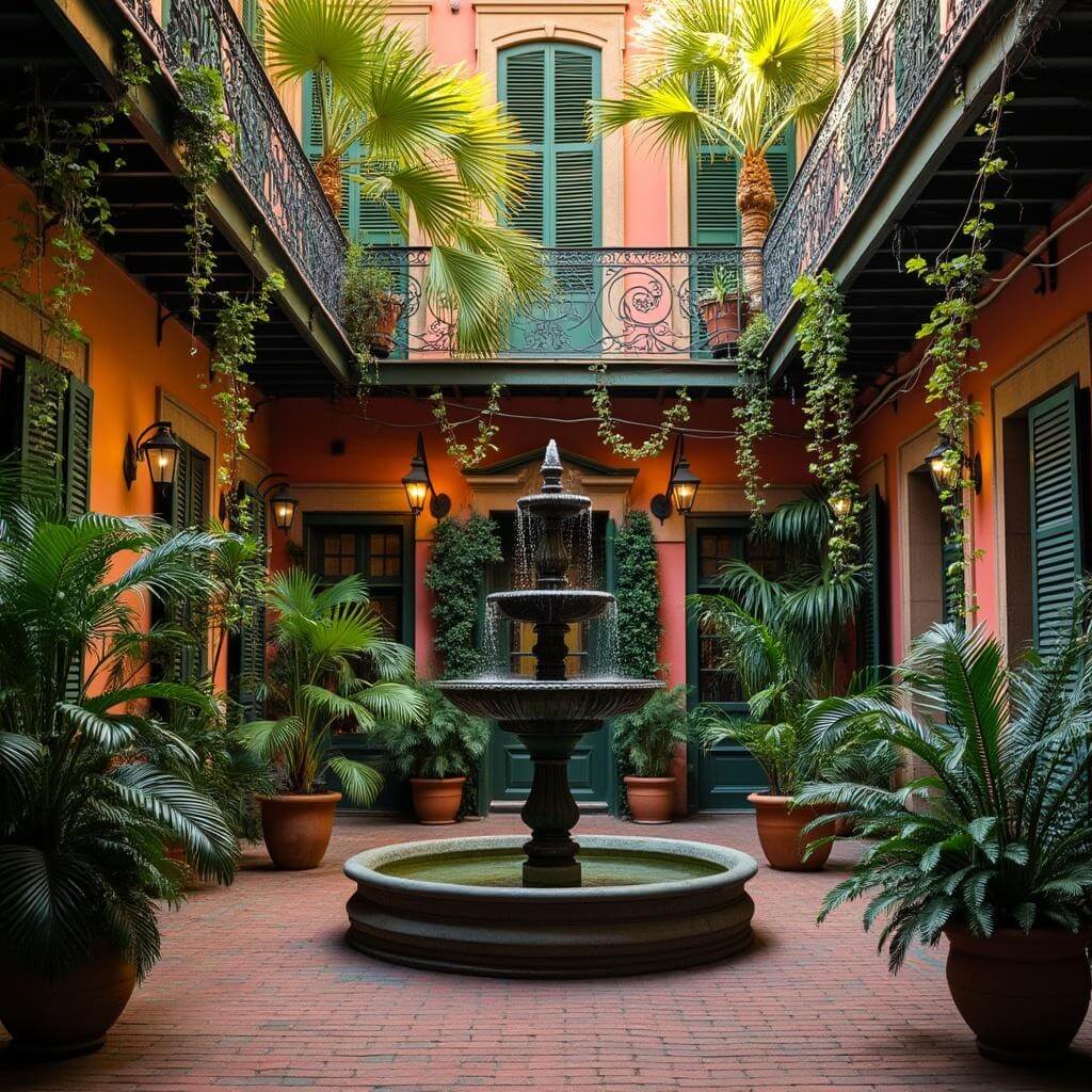 French Quarter courtyard with a multi-tiered fountain, lush tropical plants, wrought-iron balconies, traditional French shutters, and exposed brick walls during golden hour