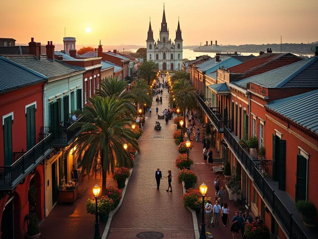 "Aerial view of the French Quarter at sunset, highlighting Jackson Square, St. Louis Cathedral, and bustling street performers with the Mississippi River and historical buildings in the background."