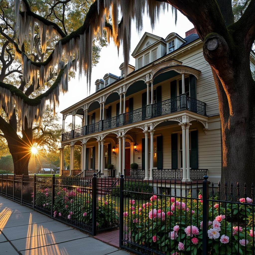 Victorian mansion in New Orleans' Garden District during golden hour, surrounded by wrought iron fencing, live oak trees with Spanish moss, and a garden of blooming camellias and azaleas