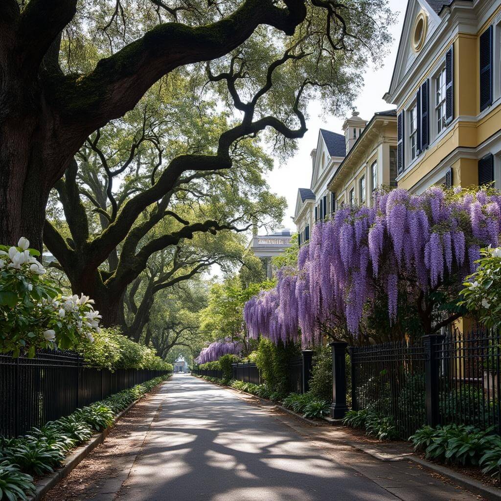 Spring bloom in the Garden District with antebellum mansions, tree canopy and blossoming flowers