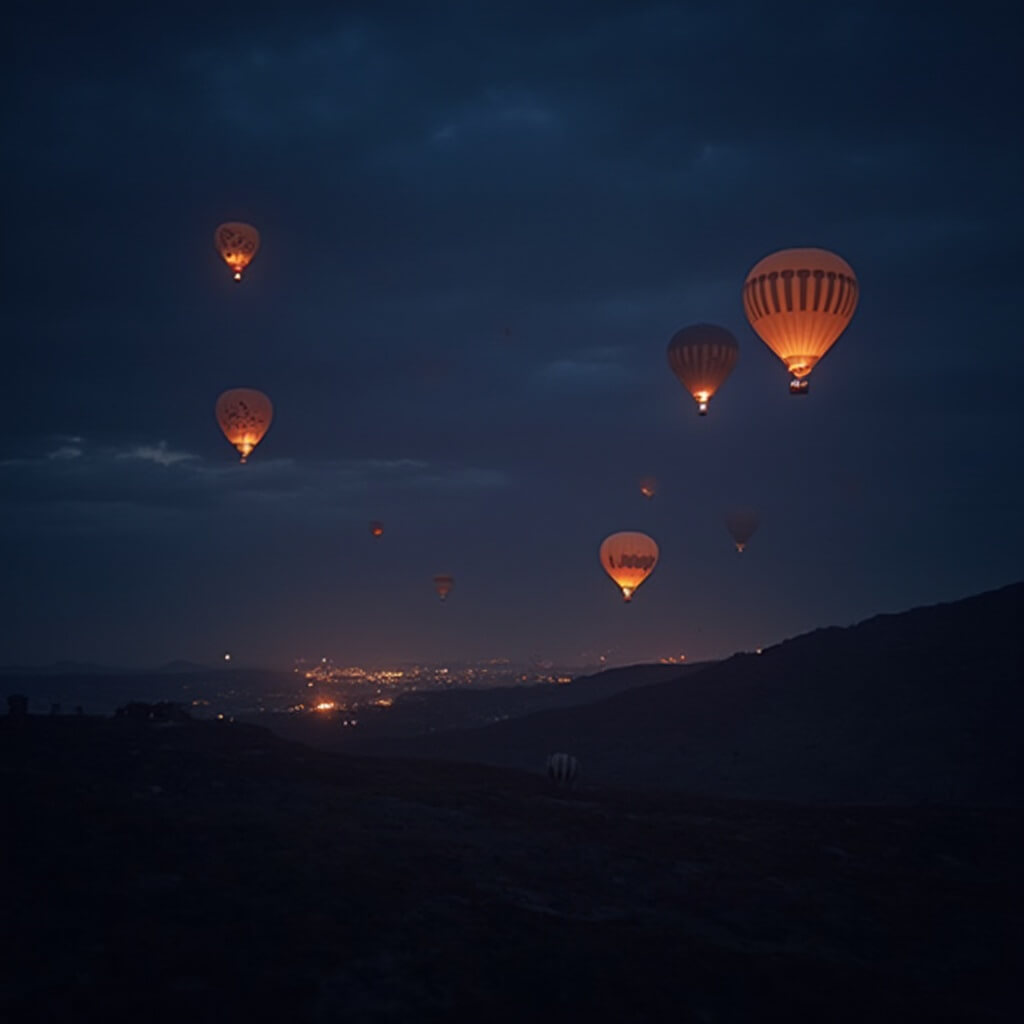 Glowing hot air balloons against a pre-dawn navy and indigo sky with a hint of sunrise