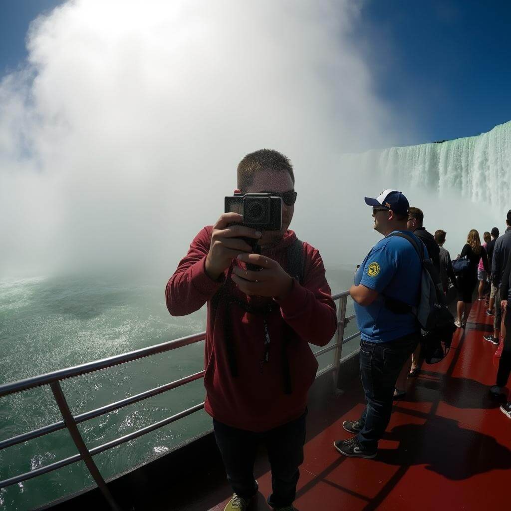 Tourist using GoPro camera on tour boat at Niagara Falls amidst water spray and sunlight-filtered mist