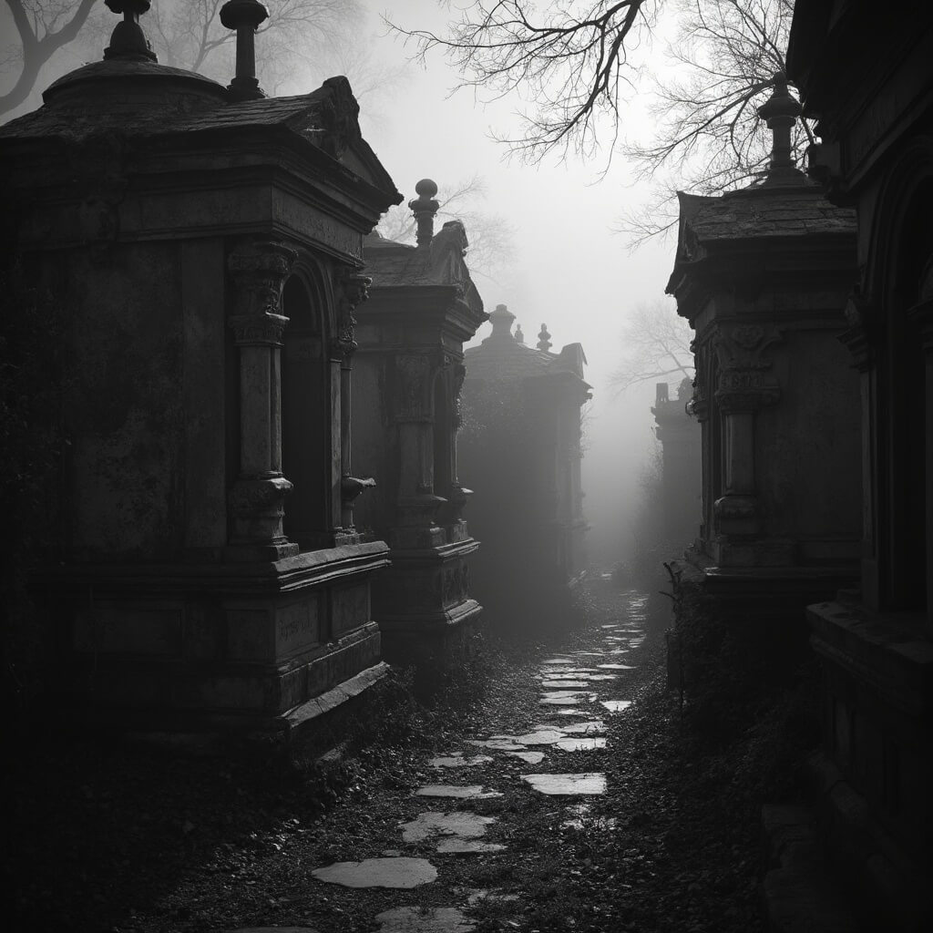 Atmospheric black and white image of above-ground tombs in Lafayette Cemetery No. 1 spotlighting their ornate architectural details amidst soft shadows and moody lighting