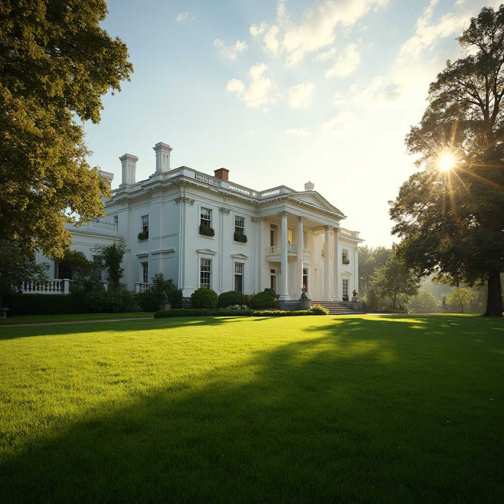 Sweeping exterior view of Graceland mansion's white columns and facade, lush green lawn, and dramatic afternoon shadows, embodying the architectural grandeur of Elvis Presley's iconic home