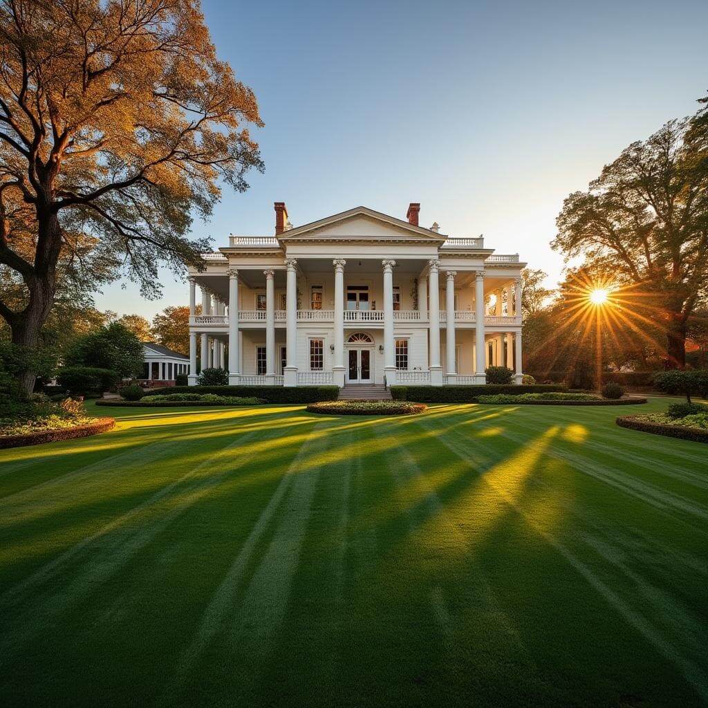 Graceland mansion bathed in golden hour light with long shadows falling on its white-columned facade, surrounded by a well-maintained lawn and autumn-hued trees