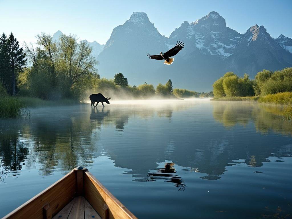 "Wooden raft on the Snake River with the Grand Teton mountains in the background, an eagle flying in the blue sky, and a moose grazing on the lush riverbanks"