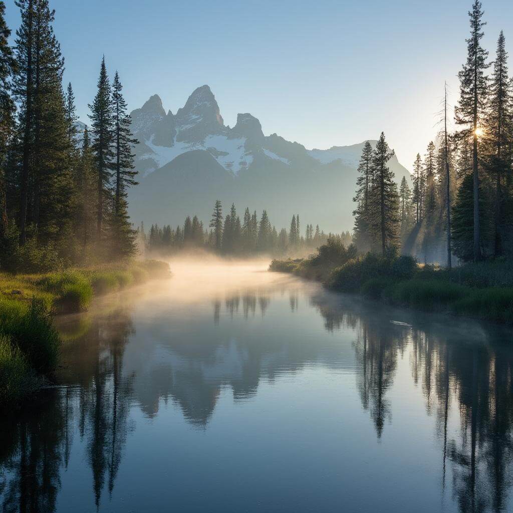 Snake River in early morning light with mist rising, sunlight through pine trees and reflection of Grand Teton peaks in calm water