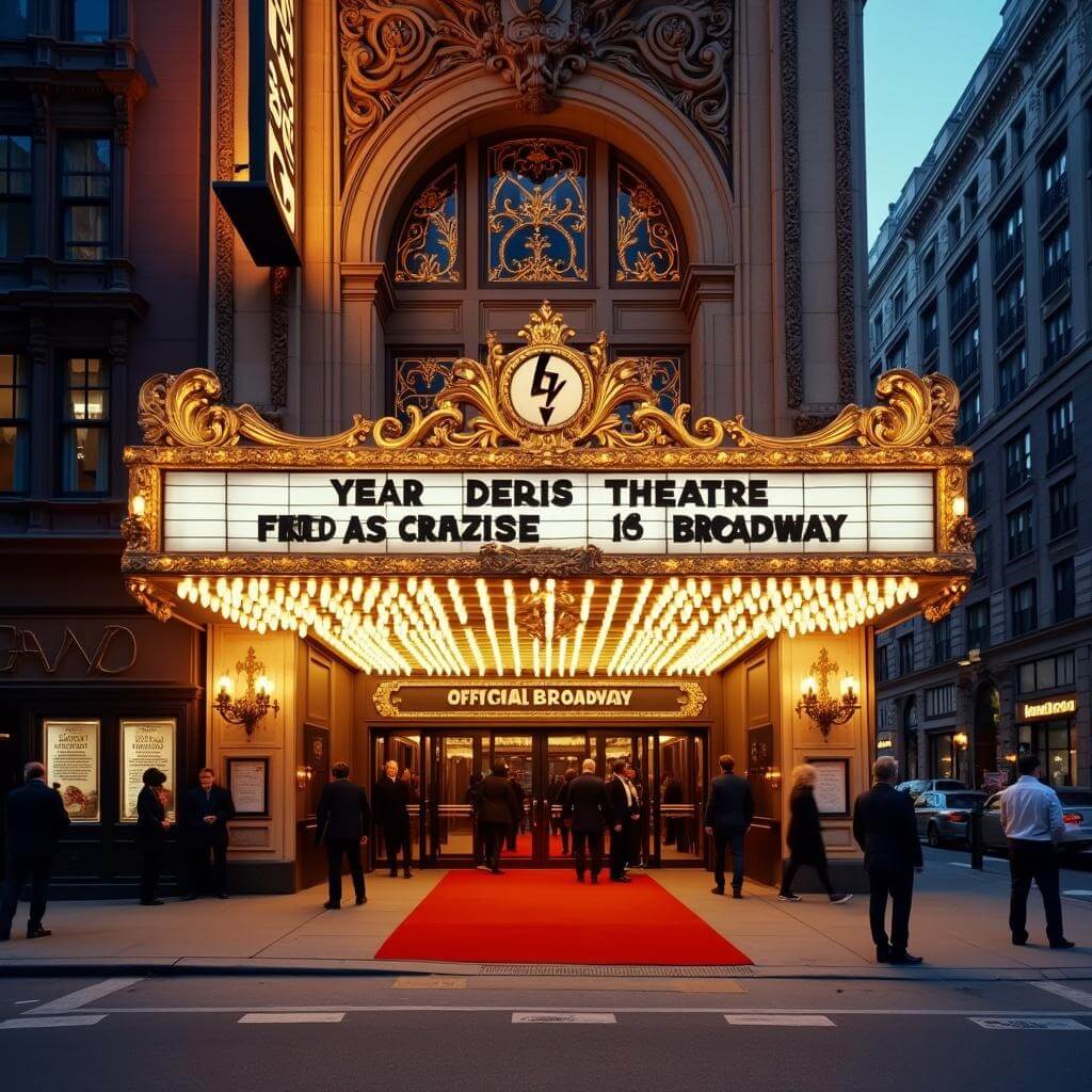 Broadway theater entrance at dusk, illuminated by golden lights, with theatergoers on red carpet, rich architectural details, and a classic marquee