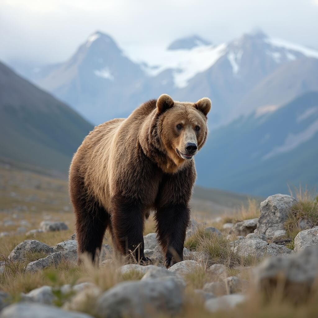 Majestic grizzly bear on alpine meadow with Columbia Icefields in background