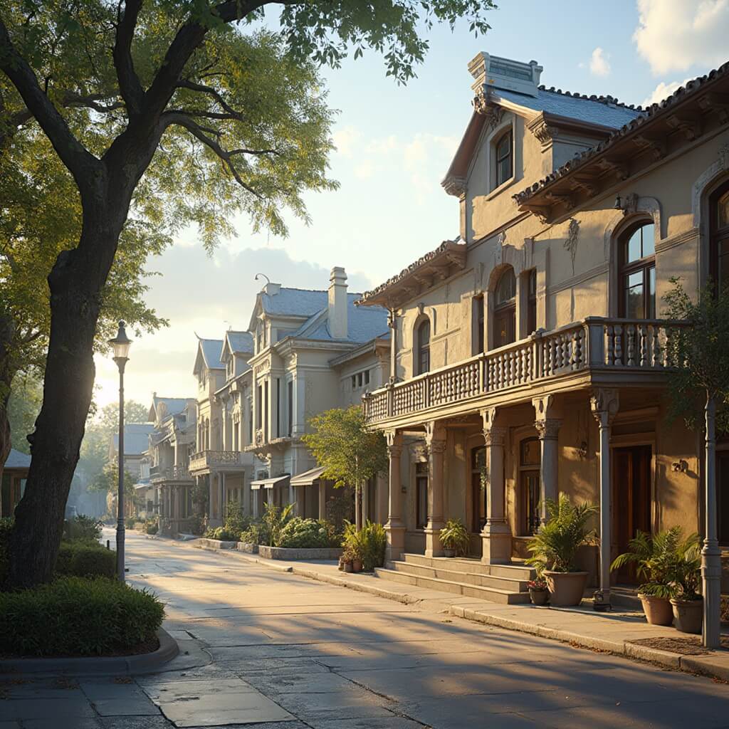 Early 20th-century bathhouses at Bathhouse Row in Hot Springs, Arkansas, illuminated by morning sunlight