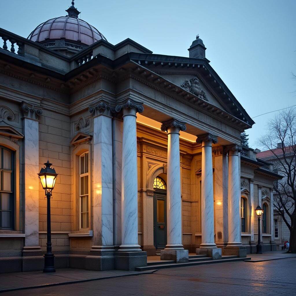 Historic bathhouse with Roman-revival architecture, white marble columns, ornate cornices, copper domes at dusk under warm vintage-style lamp light