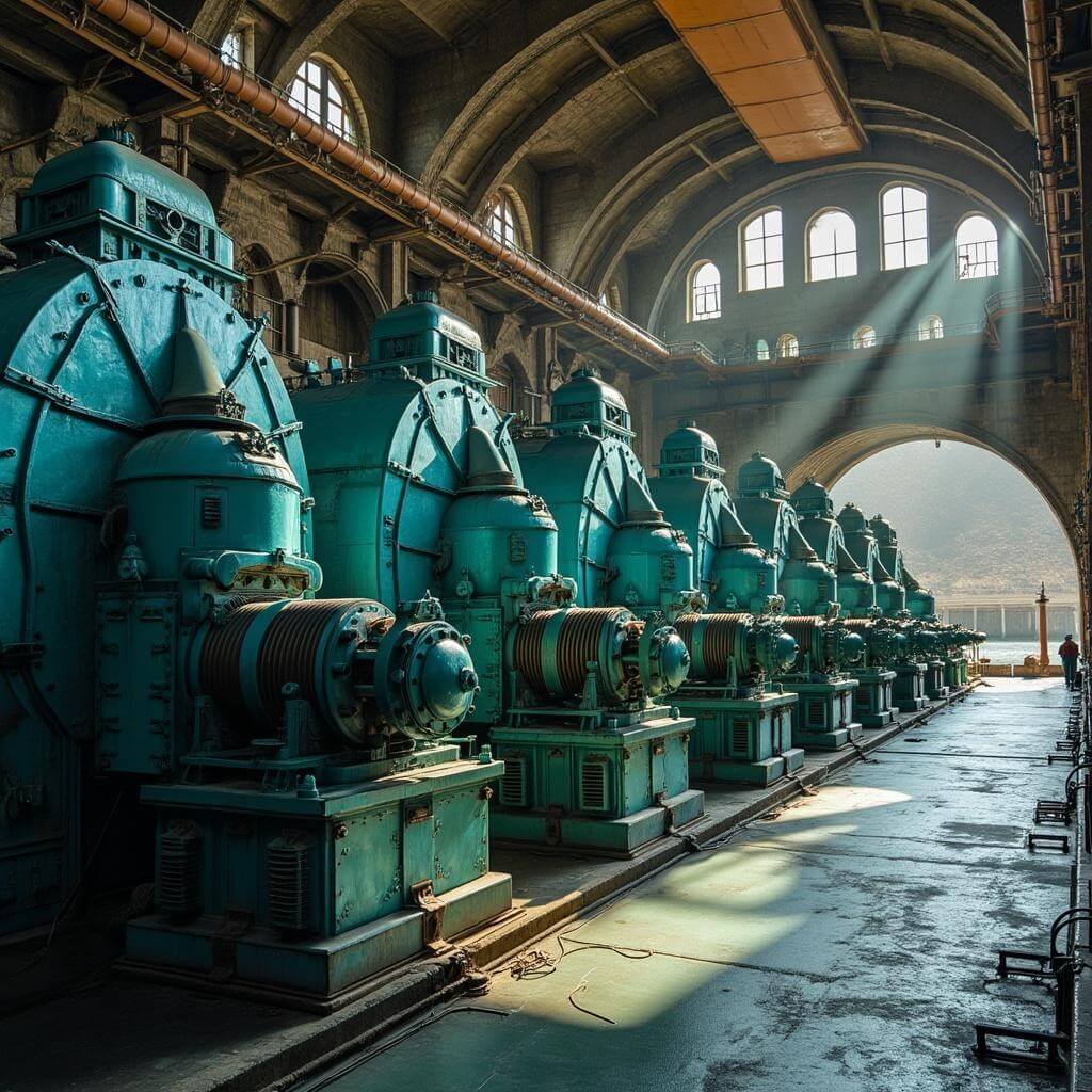 Turquoise generators in a row at Hoover Dam powerhouse with Art Deco architecture and natural light highlights