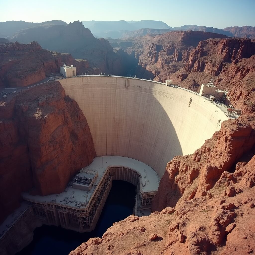 Hoover Dam's concrete wall rising from Black Canyon's rocky landscape under dramatic morning light