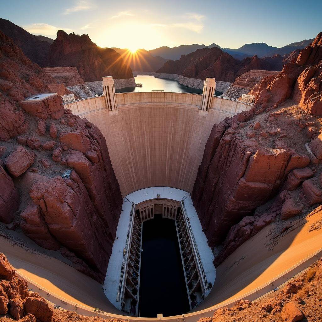 Wide-angle photograph of Hoover Dam at sunset with deep shadows, Colorado River below, and desert mountains in the background, highlighted in golden light