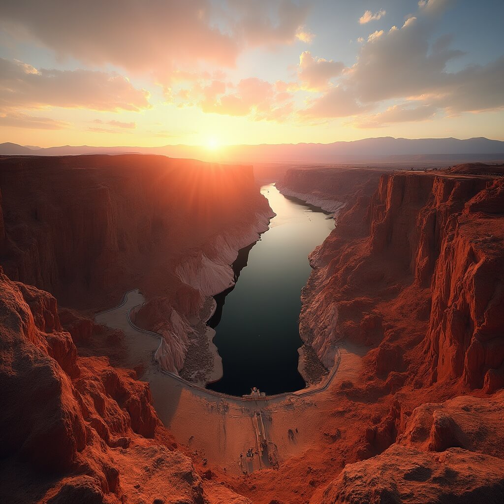 Sunset view of Colorado River winding through desert landscape, Lake Mead in the distance and silhouette of a dam