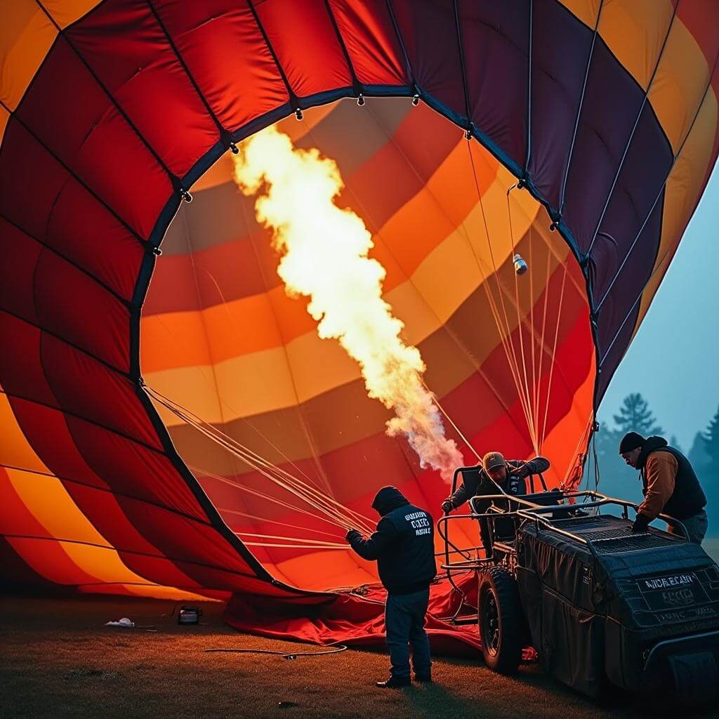 Balloon crew preparing a huge hot air balloon for flight, with propane flames lighting up the inside and morning dew on the fabric