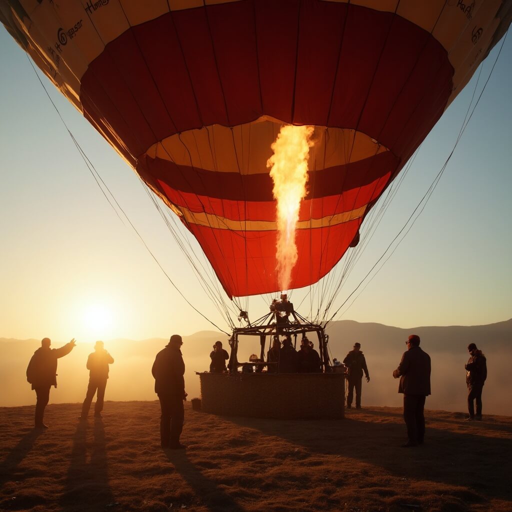 Crew members and pilots preparing a hot air balloon for flight in early morning light, casting dramatic shadows and highlights