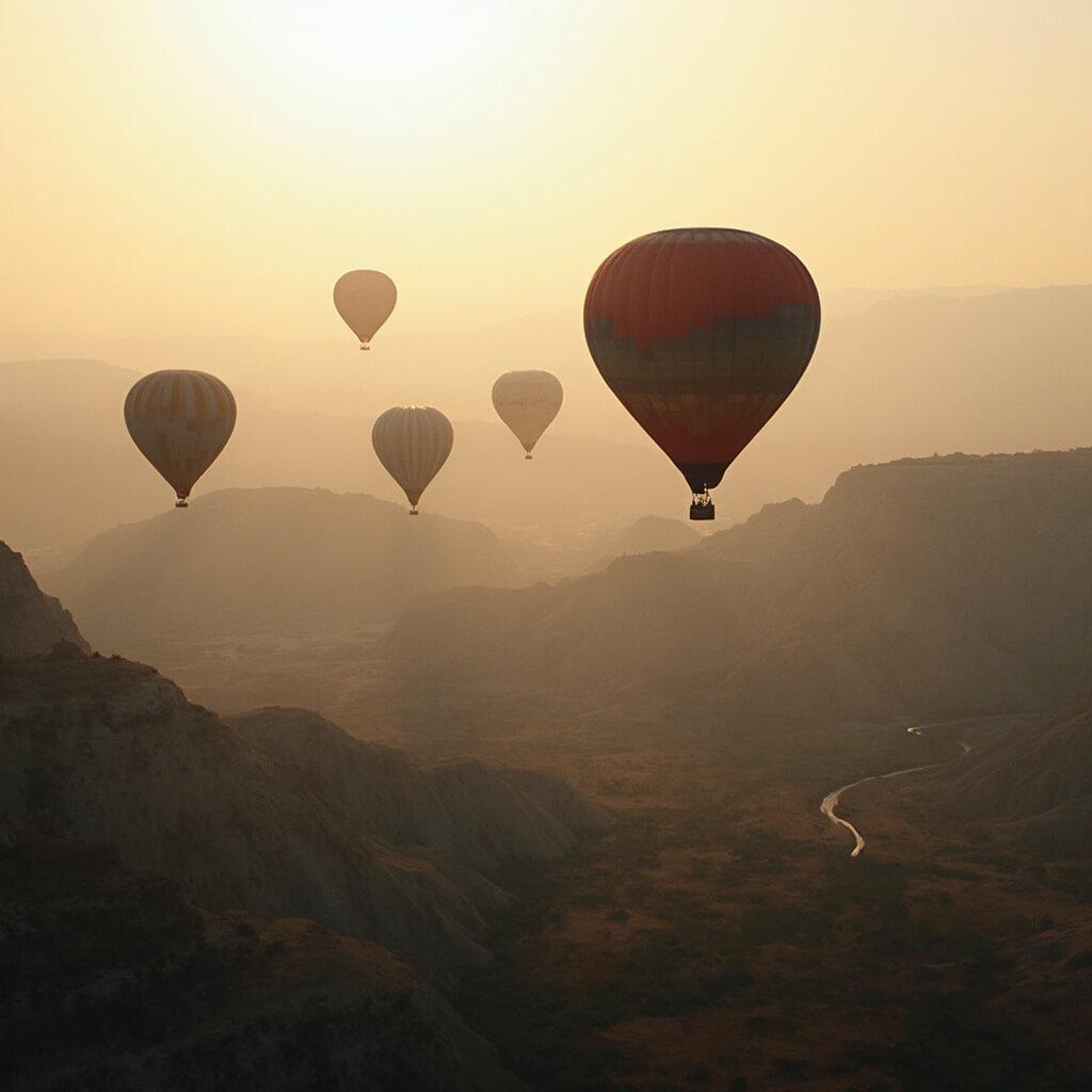 Hot air balloons floating above the diverse terrain of the Rio Grande Valley