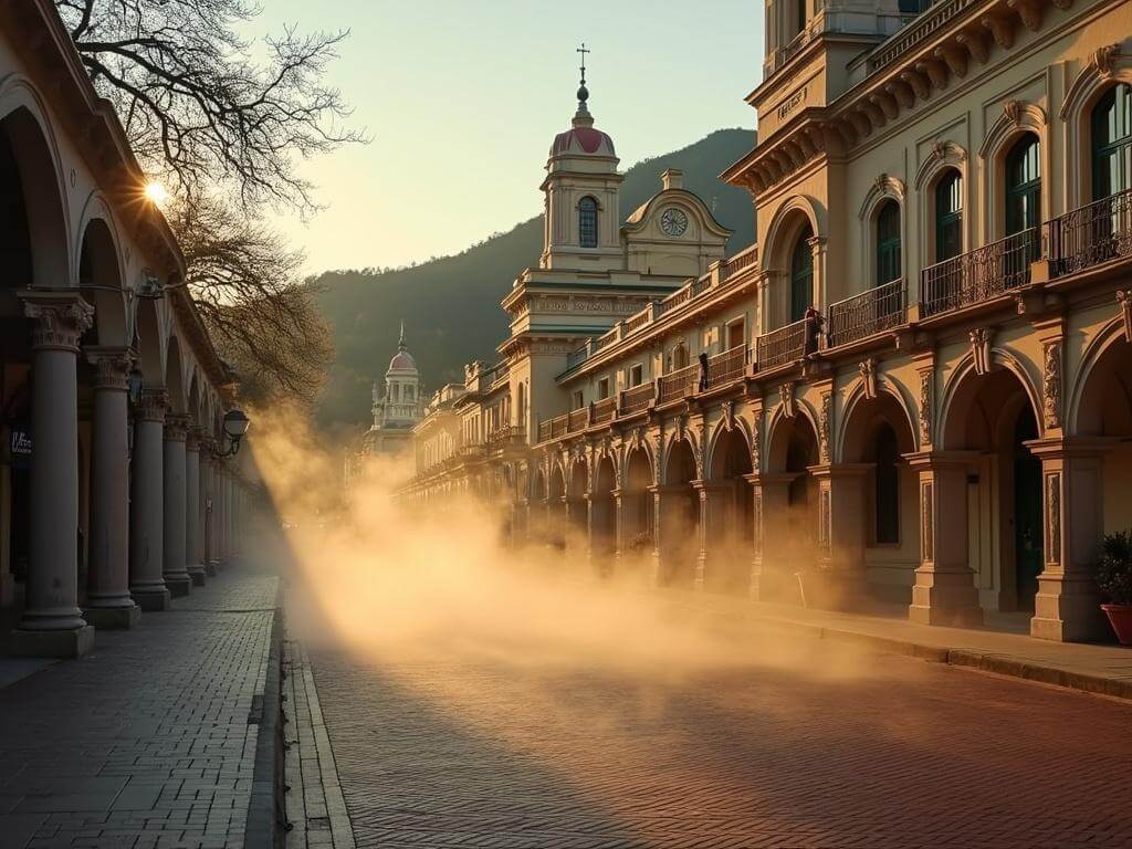 "Vintage photograph of Bathhouse Row with Spanish Colonial Revival architecture and steaming thermal springs at golden hour in Hot Springs, Arkansas"