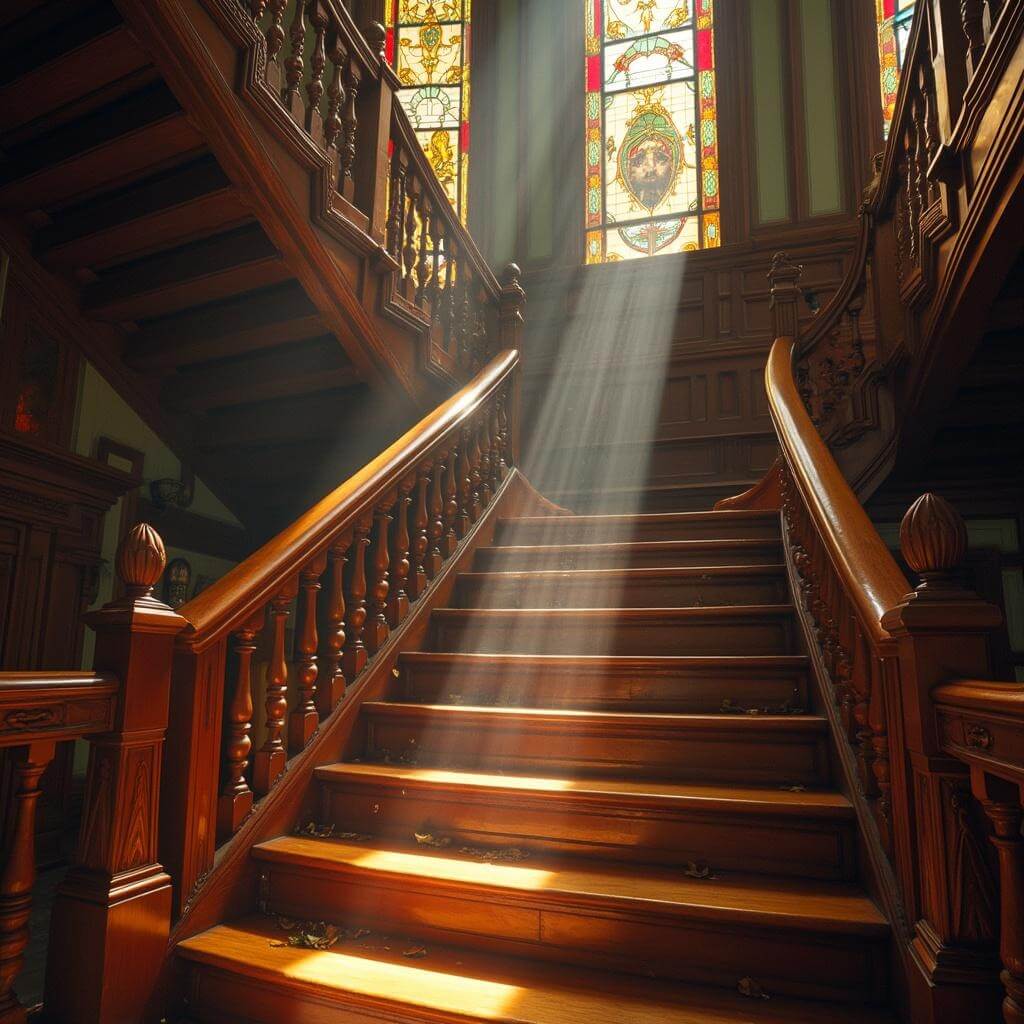 Architecturally impossible wooden staircase under natural daylight through stained glass windows, ending abruptly at the ceiling with ornate carvings and dust particles dancing in colored light.