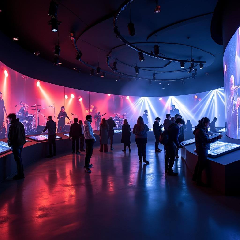 Visitors engaging with touch-screen displays in interactive exhibit hall with concert footage on curved LED screens, captured in slow shutter speed