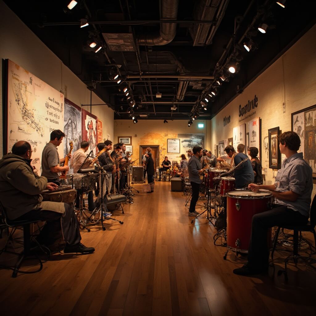 Visitors engaging with interactive musical instruments in the museum's 'Garage' exhibit under warm lighting