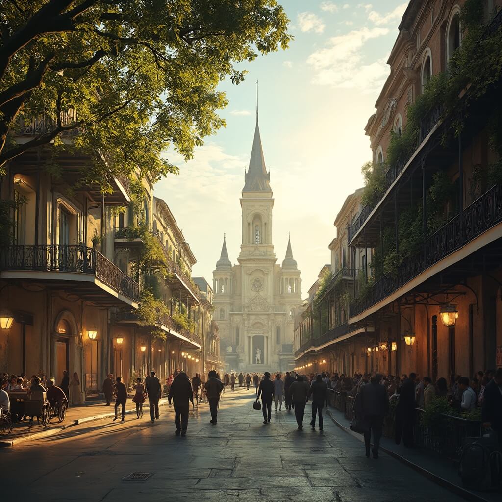Wide angle view of Jackson Square with St. Louis Cathedral in the background, street performers entertaining in the foreground, detailed wrought-iron balconies, lush green trees framing the scene, all bathed in golden hour lighting showcasing a rich color palette in photorealistic style