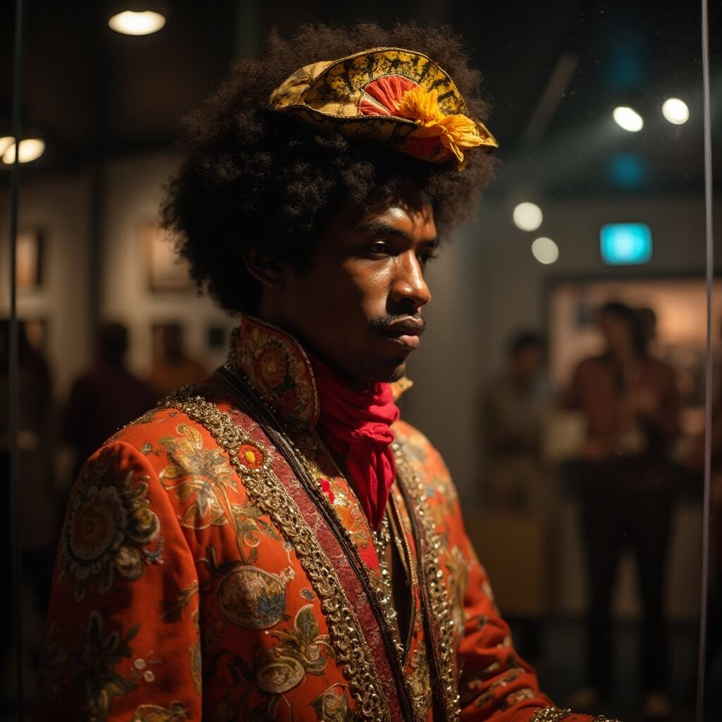 Close-up view of Jimi Hendrix's intricately detailed and colorfully vibrant stage costume on display in a museum