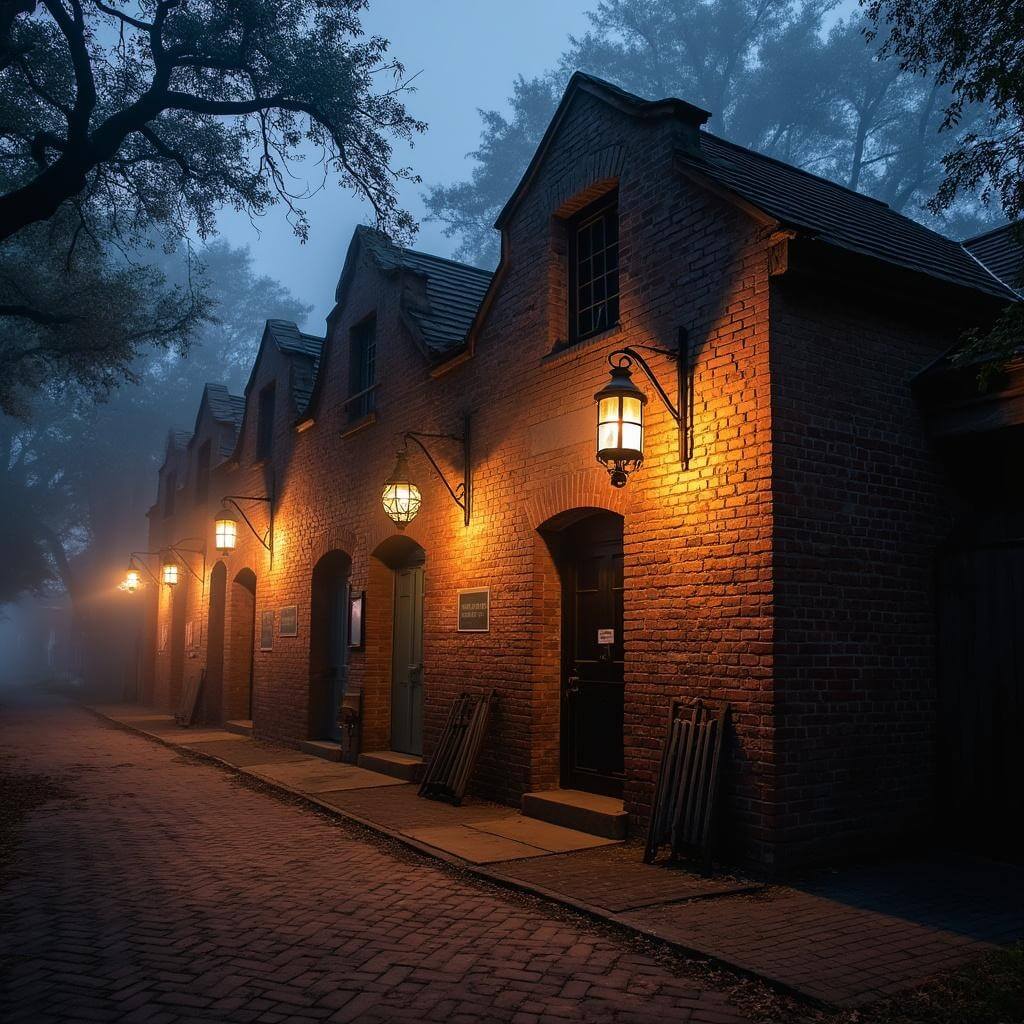 Lafitte's Blacksmith Shop at twilight with weathered brick exterior, flickering gas lanterns, and 18th-century architecture, illuminated by soft amber light.