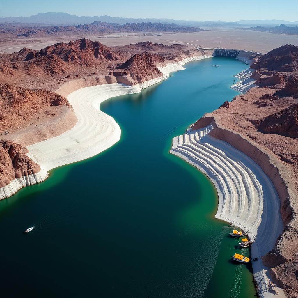 Aerial view of Lake Mead with deep blue waters, white mineral rings on shoreline, desert landscape, scattered boats, and distant dam