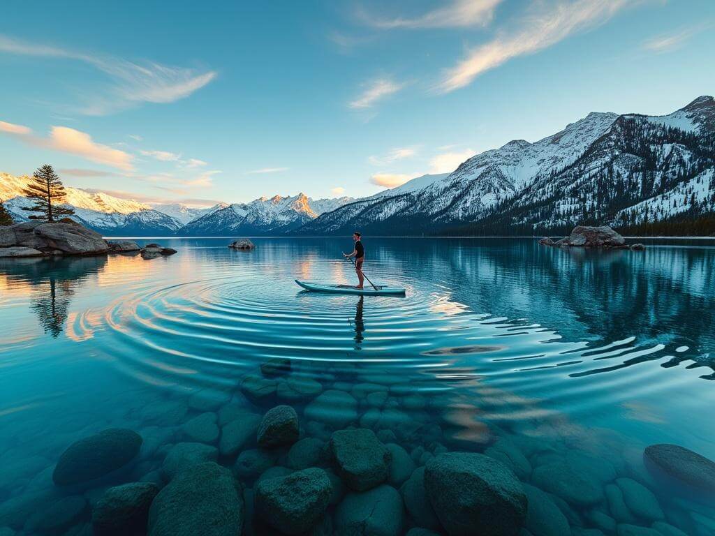 "Paddleboarder on Lake Tahoe's turquoise waters at sunrise with Sierra Nevada mountains and Bonsai Rock formation reflected, 4K quality."