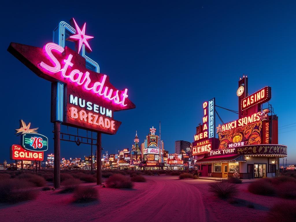 "Dramatic nighttime view of the Neon Museum's Boneyard in Las Vegas featuring the iconic restored Stardust sign in bright neon lights and dozens of vintage casino signs, all artfully arranged and illuminated against a twilight sky."