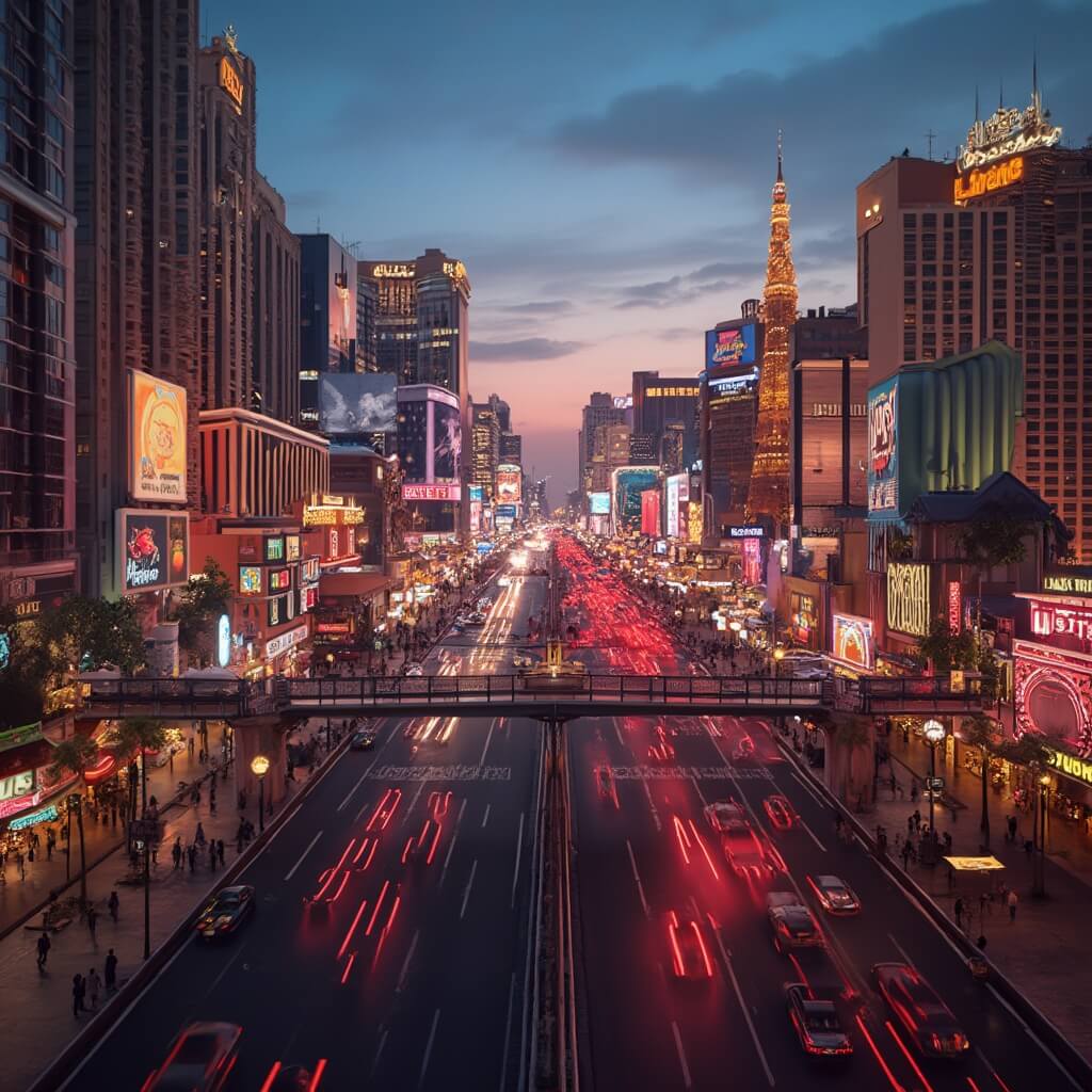 Cinematic image of Las Vegas Strip at dusk, illuminated by neon lights, showcasing iconic hotels, pedestrian bridges, and vibrant street activity