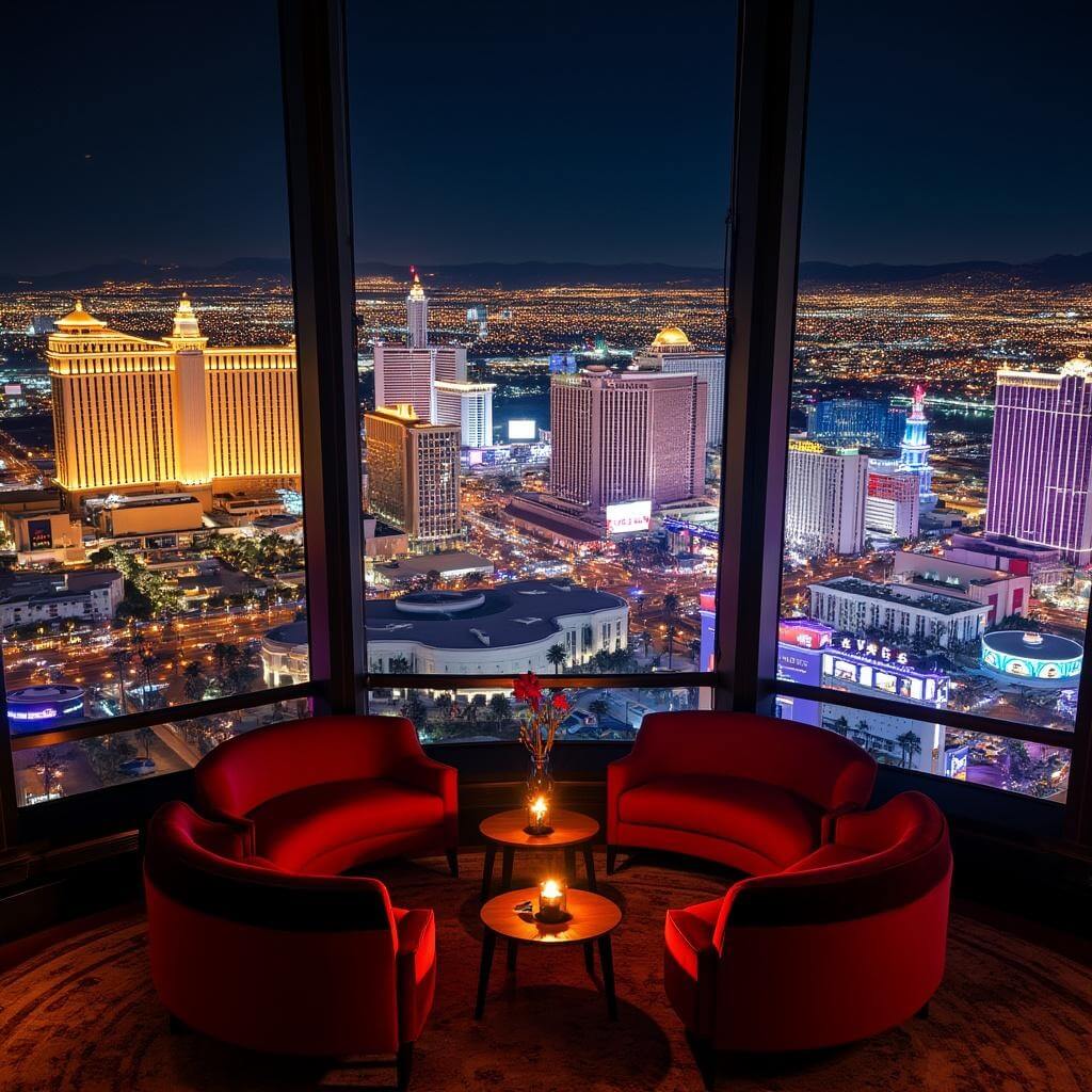Night view of Las Vegas Strip from Skyfall Lounge with modern lounge seating in the foreground and city lights stretching to the horizon