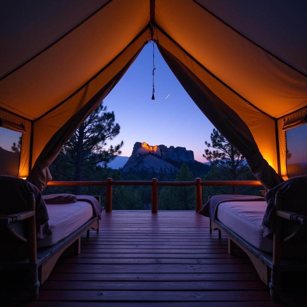 Luxury safari-style tent with interior lights at Under Canvas Mount Rushmore at dusk, with wooden deck overlooking the monument under a starry purple-blue sky
