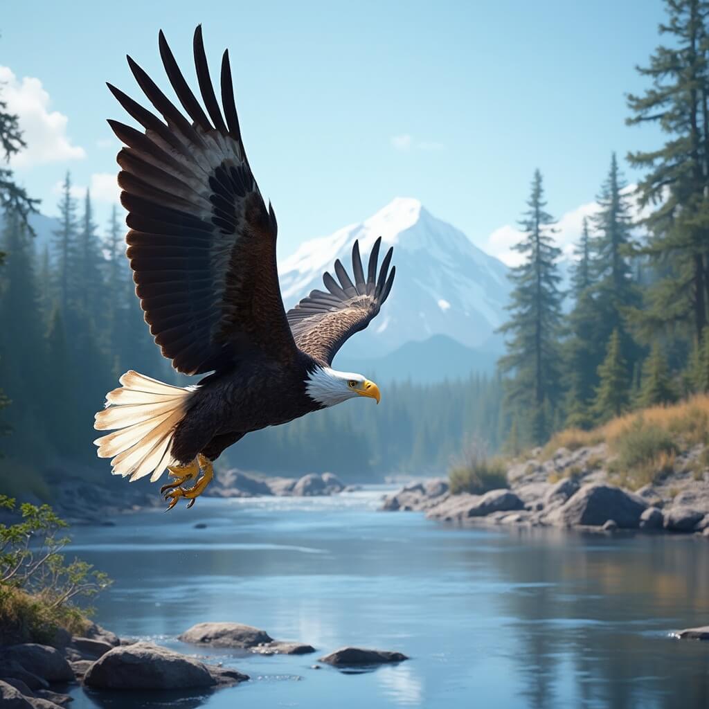 Bald eagle flying over river against blue sky, with blurred rocky riverbank and pine forest background