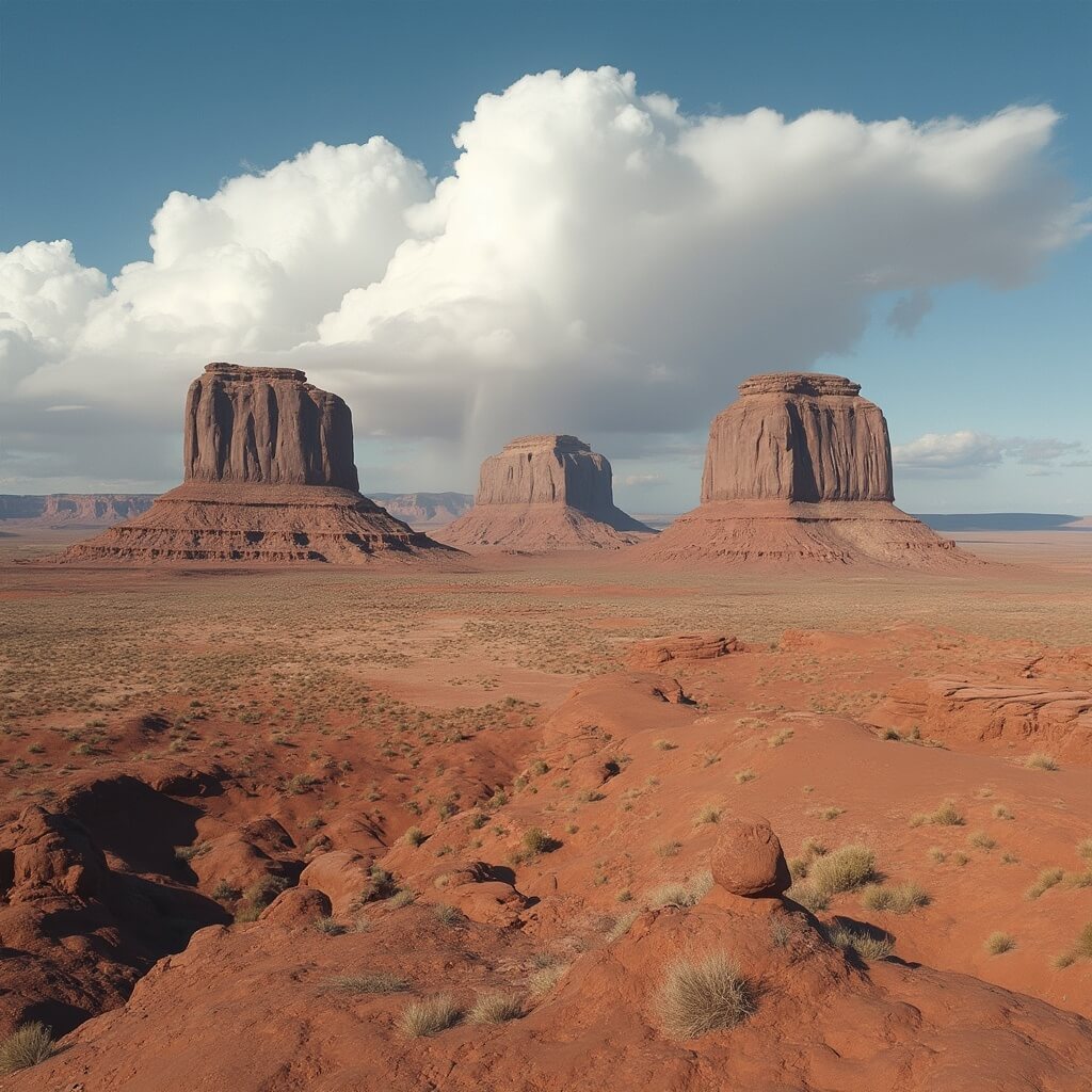 Early morning view of The Mittens rock formations with dramatic clouds and long shadows on the desert floor, highlighting detailed geological features