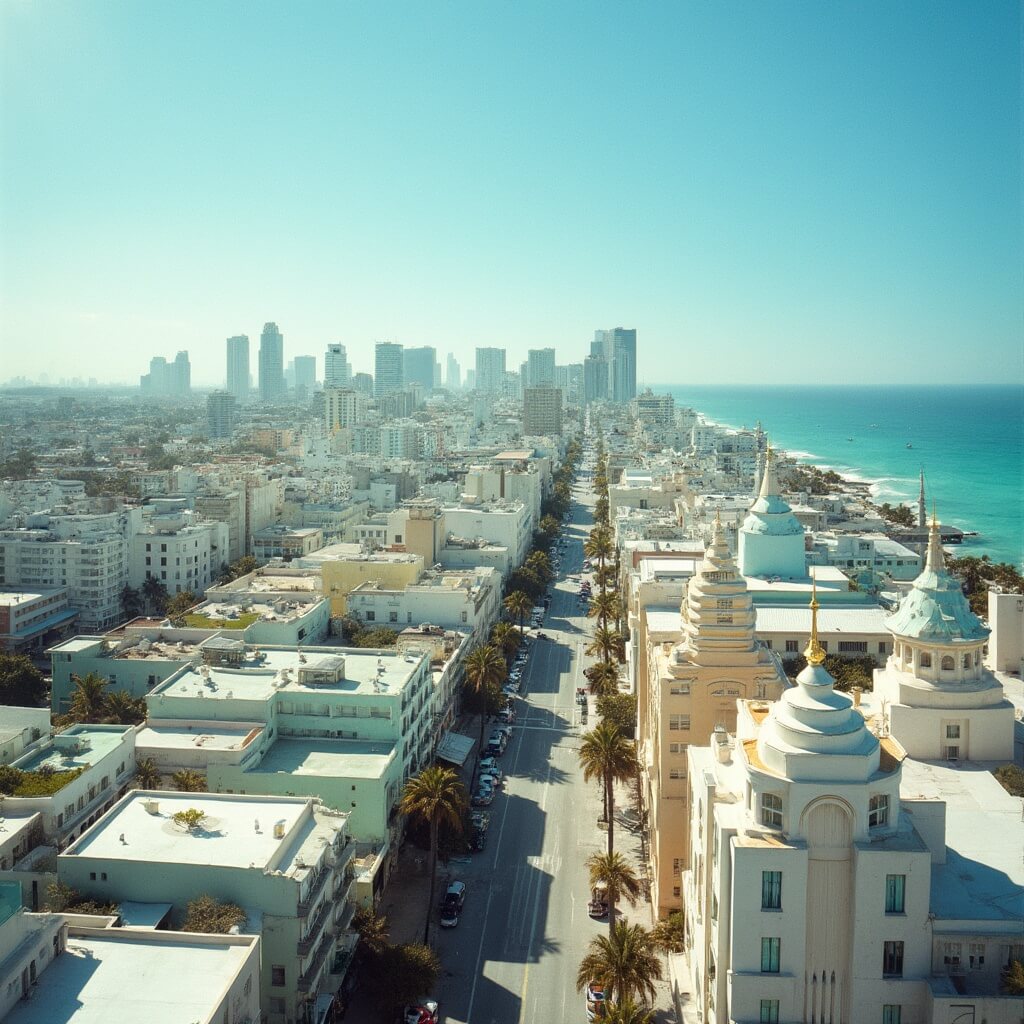 Elevated panoramic view of Miami Beach Art Deco District showcasing geometric buildings in pastel colors, clear blue sky, and pristine urban landscape