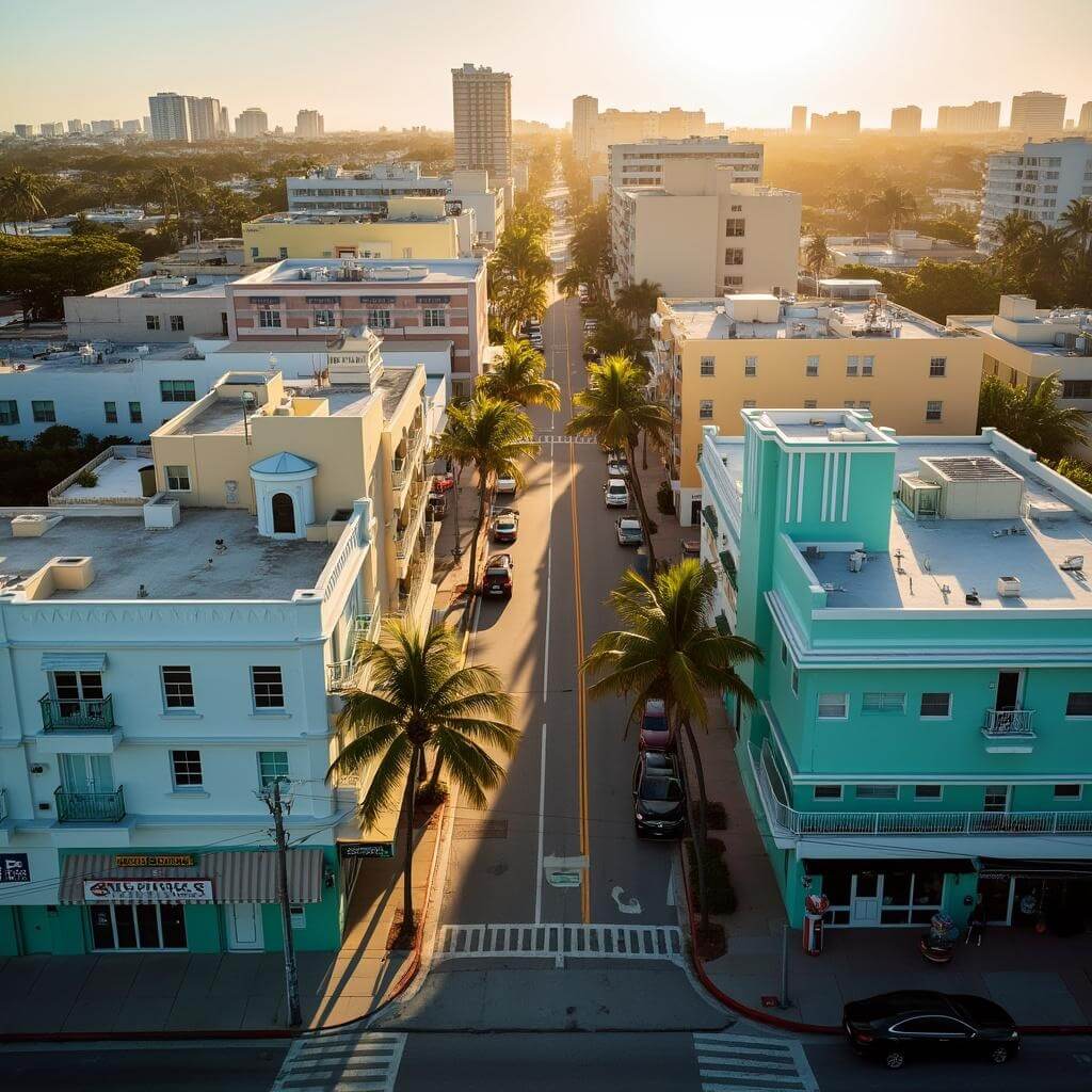 Aerial view of pastel-colored Art Deco District at sunrise with palm tree shadows highlighting the buildings' geometric designs