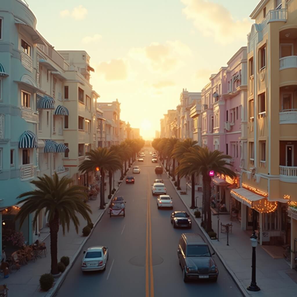 Empty Ocean Drive at golden hour with pastel Art Deco hotels under warm light, showcasing detailed architecture in a symmetrical composition