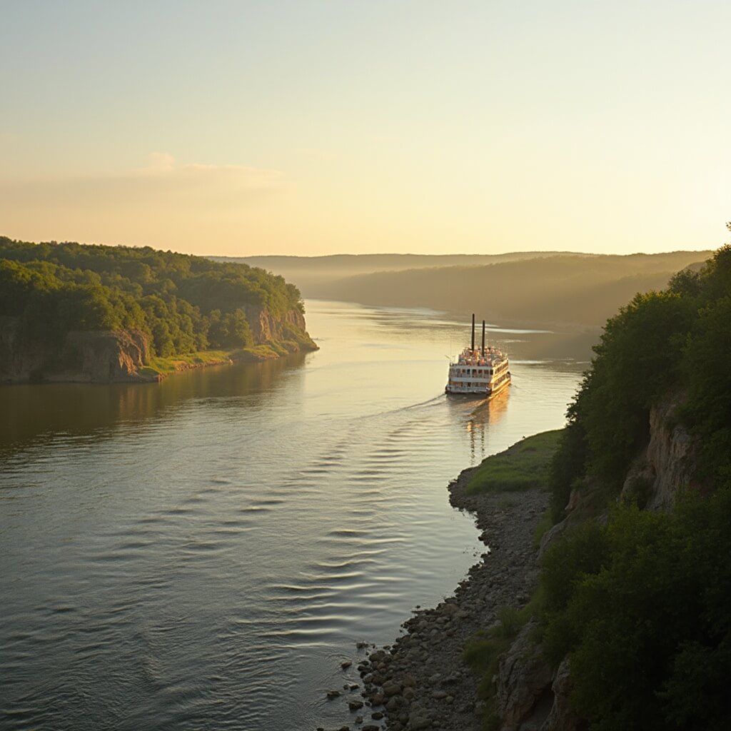 Panoramic view of the Mississippi River from a paddlewheel boat deck, featuring lush green riverbanks, distant bluffs, and a silhouetted steamboat against a sunset sky