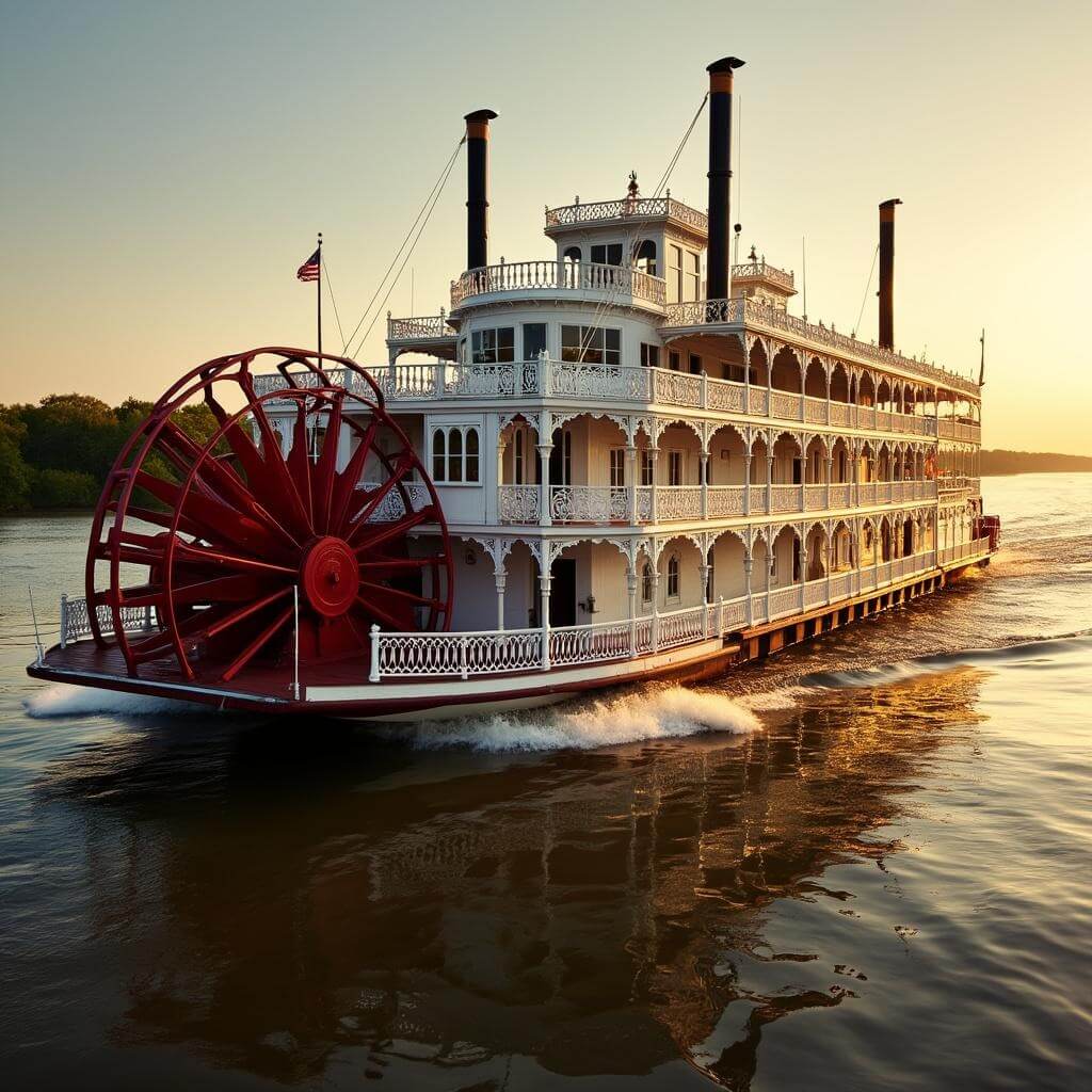 A Victorian-style white paddlewheel steamboat with red wheel, detailed railings and vintage ornaments, cruising down the Mississippi River during golden hour