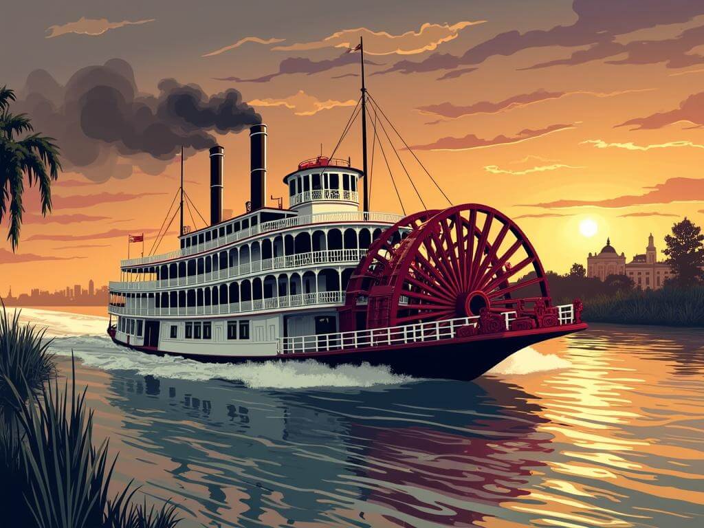 "Vintage illustration of a majestic white steamboat with red paddlewheels on the Mississippi River at sunset, framed by New Orleans' French Quarter buildings"