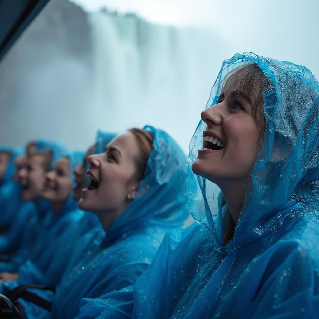 Visitors in blue rain ponchos expressing awe and excitement on the Maid of the Mist boat amidst water droplets and mist with a waterfall backdrop