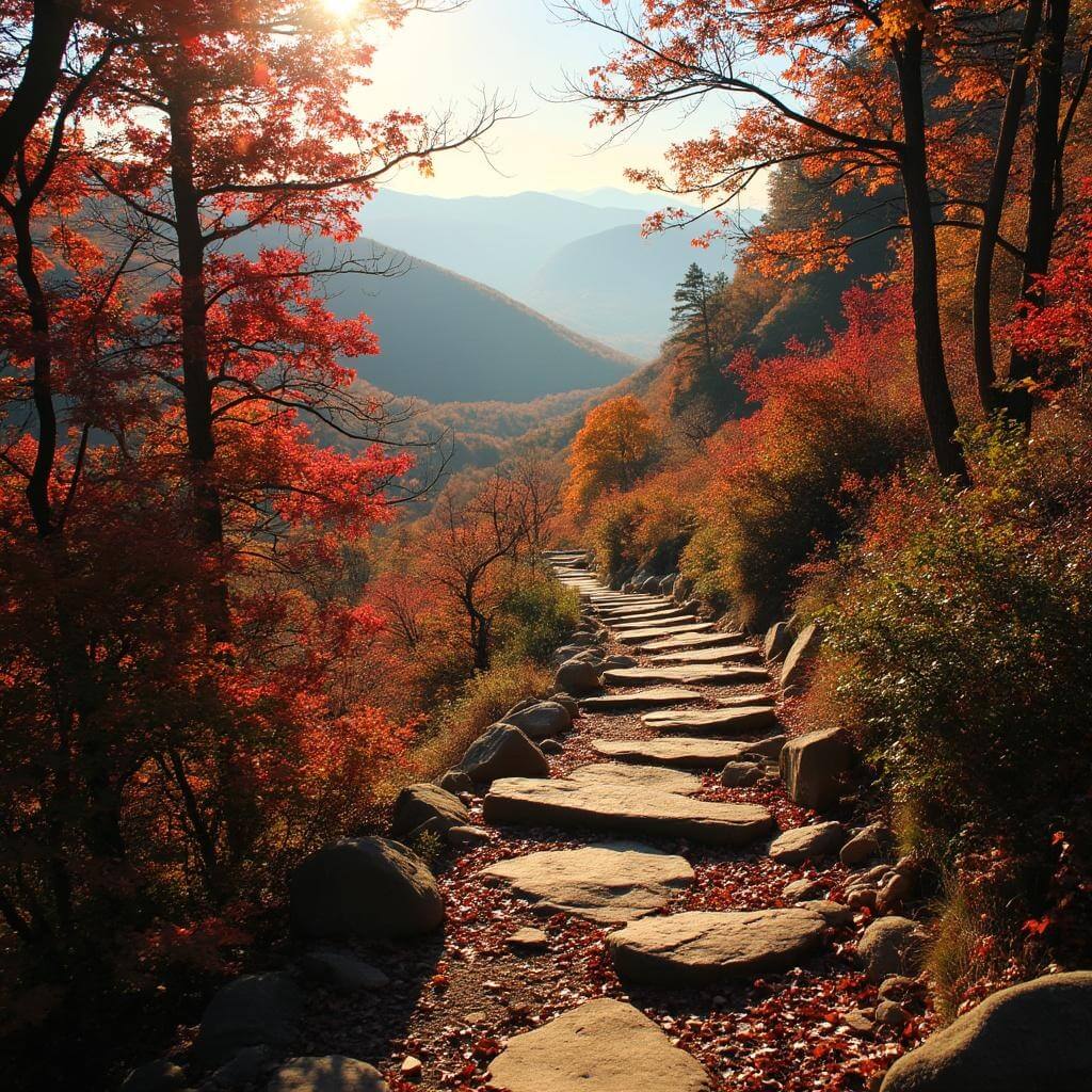 Autumn hiking trail in Ouachita Mountains, framed by colorful foliage, morning mist between peaks, and sunlight creating patterns on stone steps