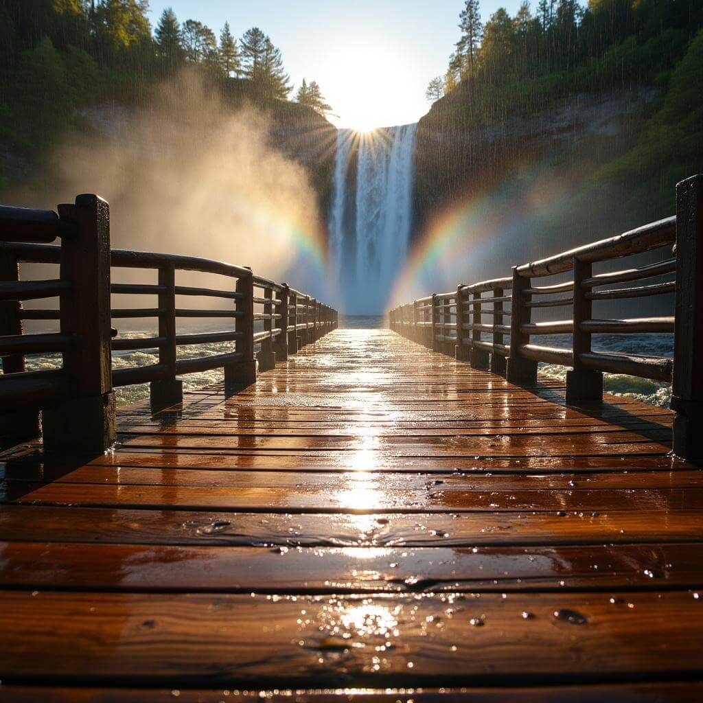 Dramatic low-angle view of wet wooden walkways at Cave of the Winds with mist from Bridal Veil Falls creating a rainbow effect in the sunlight during golden hour.